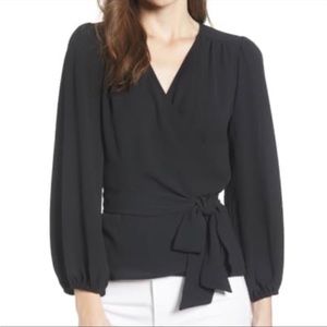 Chelsea28 Nordstrom Black Wrap v-neck blouse top balloon sleeves cinched waist